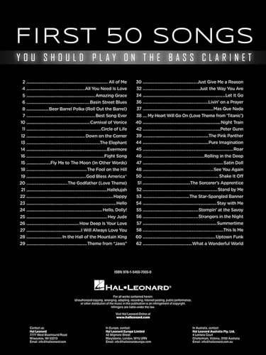 First 50 Songs You Should Play on Bass Clarinet Sheet Music Songbook | Pop Hits, Movie Themes, and Classical Melodies | Includes Hallelujah, Hey Jude, Let It Go, Uptown Funk, Rolling in the Deep