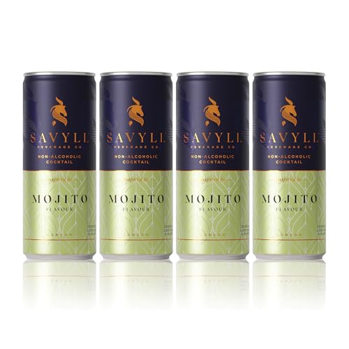 Savyll Beverage Co, Non alcoholic cocktail cans, Mojito, 250ml (4 pack), vegan friendly, gluten free, less than 4g of sugar and 26 calories per 100ml, natural ingredients, ready to drink