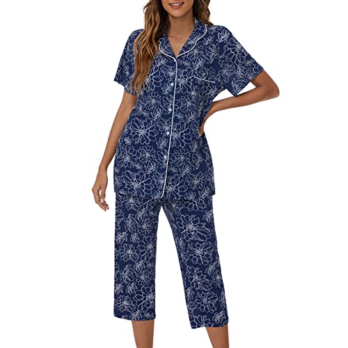 Image of Tugege Capri Pajamas Set Womens Button Down Short Sleeve Lounge Sets Sleepwear Notch Collar Top & Capri 2 Piece PJ Sets