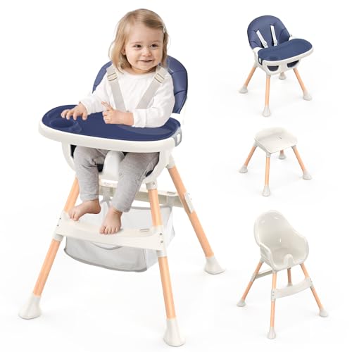 Highchairs Baby High Chair, Convertible 4-in-1 High Chair Portable High Chairs for Babies and Toddlers Baby Chair with Ajustable Height, Footrest, Removable Tray, from 6 Months to 3 Years, Blue