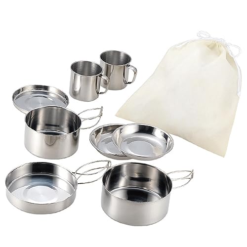 YIJU 8Pcs Outdoor Pot Plates and Cups Stainless Steel Frying Pan Camping Cookware