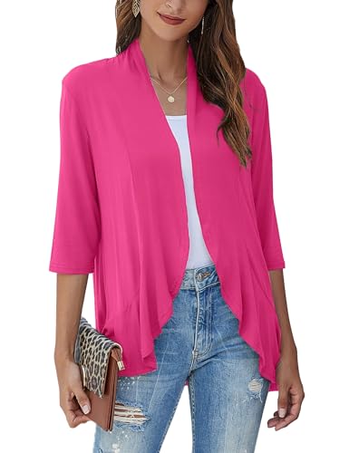 Image of Bluetime Women Casual Lightweight Open Front Cardigans Soft Draped Ruffles 3 /4 Sleeve Cardigan (S-3XL)