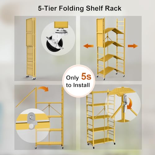 Image of Himix 5-Tier Foldable Storage Shelves with 20 Hooks Wheels Bookshelf Gold