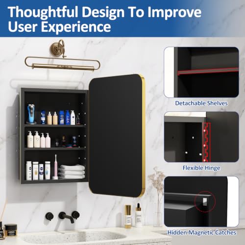 Image of ACEMIRO 16x24 Inch Mirror Medicine Cabinet for Bathroom Gold Metal Frame Bathroom Medicine Cabinet with Mirror Recessed or Wall Mounted