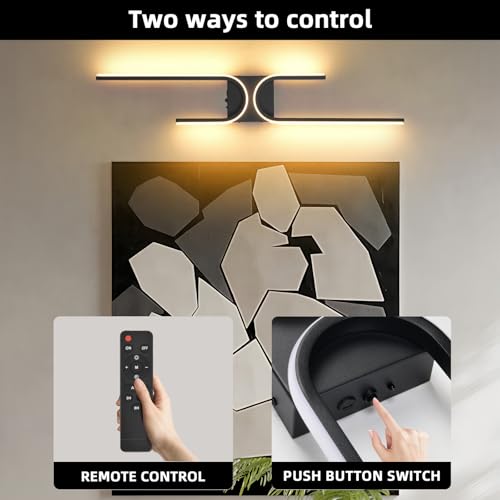 Image of Battery Operated Wall Sconce with Remote Control, USB Rechargeable Wireless Wall Sconce Set of 2, LED Dimmable Wall lamp, 3 Color /Timer /Memory, Black Wall lights for Bedroom Living Room, 31.5 inch