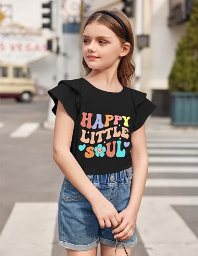 Image of Girls T Shirts Ruffle Short Sleeve Round Neck Loose Blouse Summer Solid Color Casual Girl Tee Tops for 3-12 Years