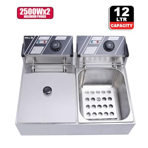 Image of iBELL DF620M 12L Electric Deep Fryer | 2500W Stainless Steel Commercial Fryer | Double Tank & Basket | Adjustable Temperature Control | Tabletop Design | Silver | 2 Year Warranty