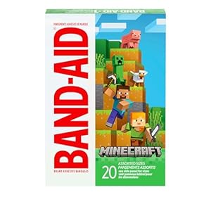 BAND-AID Vendajes adhesivos de marca para niños pequeños cortes y rasguños, cuidado de heridas con diseños de Minecraft, vendajes divertidos para niños y niños pequeños, varios tamaños, 20 unidades