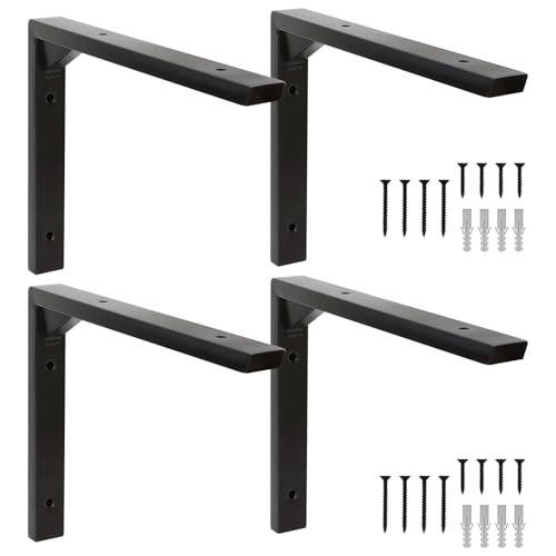 Terafeels L字型 吊り棚金具, 棚受けブラケット, 目立たない 棚補強用 ビス付属 アイアン製 ,棚うけ 金具 l字金具 (黒 4本 20cm)