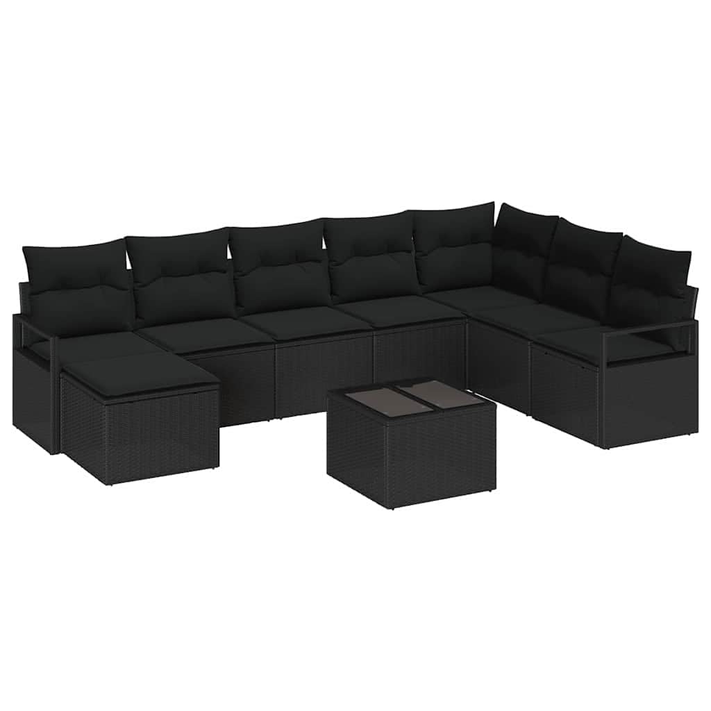 Juego de sofá de jardín de 9 piezas de poliratán negro con cojines y espacio de almacenamiento, muebles de exterior para terraza