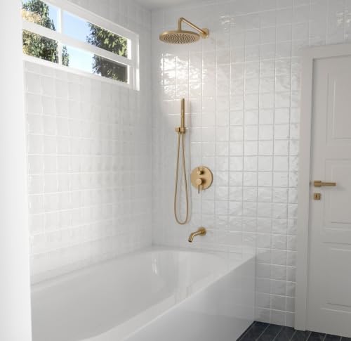 Image of Lava Odoro Modern 3-Setting Bathtub and Shower Faucet, Gold Rainfall Tub Shower Faucet Set Shower Head and Handle Set, Tub Shower Valve Trim Kit, 10 Inch, Champagne Gold, SF104-CB-T
