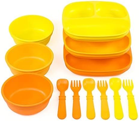 Re Play Hecho en Estados Unidos  Juego de 3 comidas al día  3 platos divididos, 3 juegos de utensilios  sin BPA  hecho de envases de leche