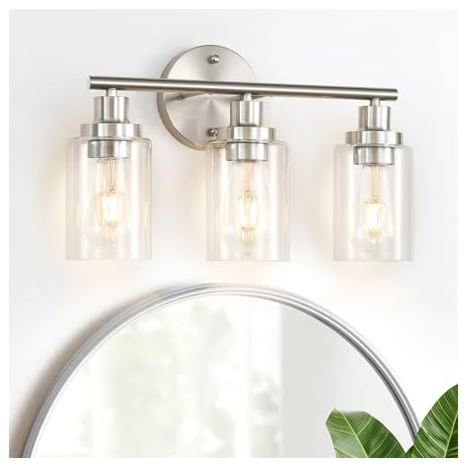 Apenath Vanity Wall Light Fixtures, Modern 3 Lights Wall Sconce with Clear Glass Shade, Brushed Nickel Farmhouse Wall Lamp for Bathroom Mirror Kitchen Porch Living Room Workshop (E26 Base)