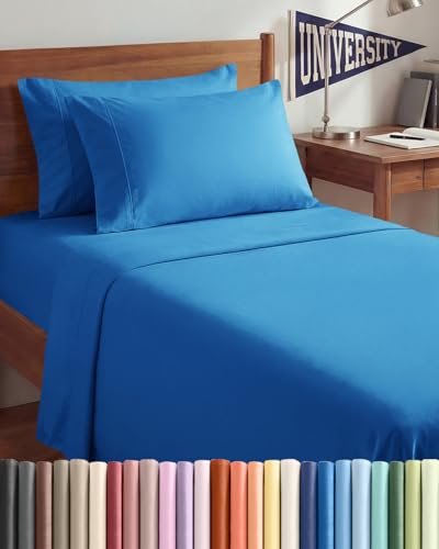 Image of Twin XL 4 Piece Sheet Set - College Dorm Room Essentials - Royal Blue | Ultra Soft Dorm Bedding Set, 8 inch to 16 inch Inch Deep Pockets, 1 Flat & 1 Fitted Sheet & 2 Pillowcases, Wrinkle & Fade Free