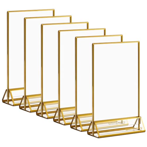 Image of Climberty 6 Pcs A6 Acrylic Gold Signage Holders,4 X 6 Inch Clear Picture Frames With Gold Borders And Vertical Stand,Double Sided Table Menu Display Stand For Restaurant Signs,Wedding Table And Photos