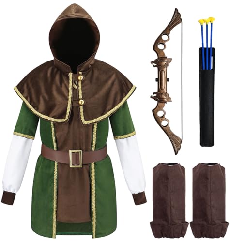 corimori Kinder Robin Hood Kostüm mit Pfeil und Bogen | Für Jungen & Mädchen | grün braun Größe 134/140