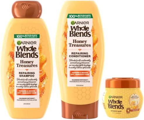 Garnier Whole Blends Honey Treasures Repairing Shampoo, Conditioner + Hair Mask Set for Dry, Damaged Hair (3 Items), 1 Kit (Packaging May Vary)