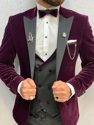 Tuxedo for Men 3 Piece One Button Blazer Double Breasted Vest Men Slim Fit Wedding Velvet Suit for Men Wedding with Tie2