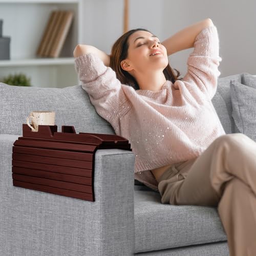 Image of FUNKYLEE Bamboo Couch Armrest Table, Couch Arm Tray with Removable Couch Cup Holder, 2 in 1 Design Foldable Anti-Slip Bamboo Sofa Arm Tray for Remote Controls, Phones, Cups and Snacks (Brown)