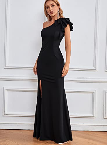 Souqfone Womens Formal Dresses One Shoulder Ruffle Trim Evening Gowns Elegant Wedding Guest Bodycon Mermaid Cocktail Party Long Maxi Dresses With Slit-S,Black #TOP2