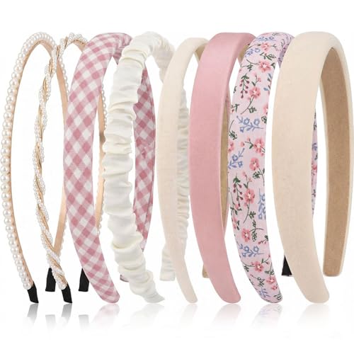 Muorruo Paquete de 8 Diademas para Damas y Niñas, Antideslizantes, Anchas, Acolchadas con Bonito Patrón Floral, Diademas de Perlas a la Moda, Accesorios para el Cabello Modernos