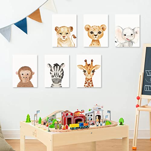 Bincue Cute Zoo Animals Canvas Wall Art Prints For Kids Nursery Baby Room Decor Lion Monkey Elephant Giraffe Leopard Zebra Wild Animals 6 Pieces Framed Canvas 12" X 16" #TOP3