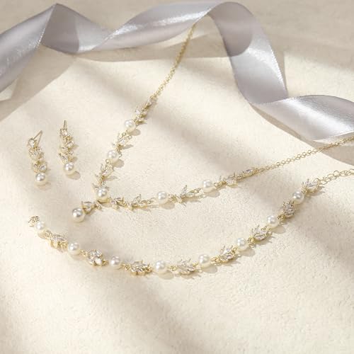 Image of EVER FAITH Cubic Zirconia Pearl Leaf Bridal Jewelry Set for Bride Women