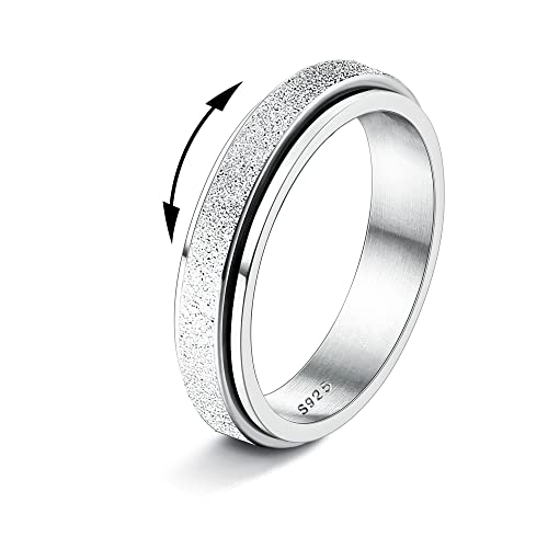 Diamday S925 Sterling Silver Fidget Rings for Women Men 4mm Spinner Ring for Anxiety Stress Relief Glitter Sandblast Spinning Figit Anxiety Jewelry for Women Gifts Silver Size 9