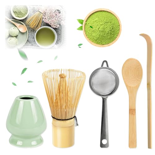 Matcha Conjunto de 5 peças Matcha Tea, vassoura Matcha incluindo o Whisk Matcha, peneira Matcha, suporte para vassoura Matcha, colher Matcha de bambu, é o melhor presente para os amantes de matcha