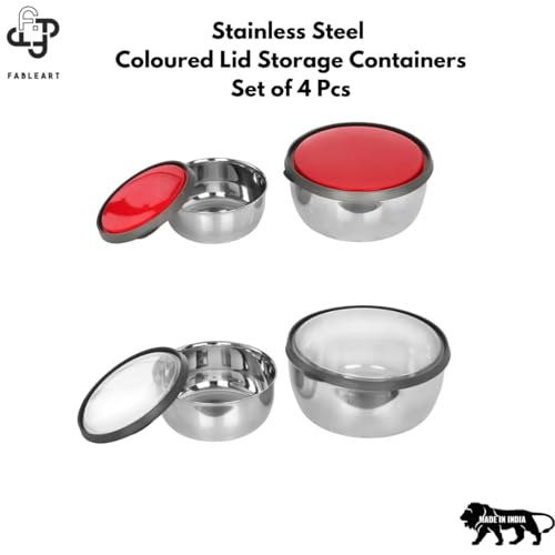 Image of Stainless Steel Food Storage Containers with Coloured Airtight Plastic Lids; Kitchen Lid Bowl Set; 4Pcs (350ml, 650ml, 950ml, 1250ml) (REGULAR PRINT)