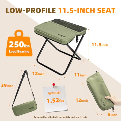 Image of Portable Folding Camp Stool with 2 Side Pockets, Lightweight Foldable Camping Stool for Adults, Backpacking Travel Fishing Stool, Compact Folding Seat Collapsible Purse Chair (Green)