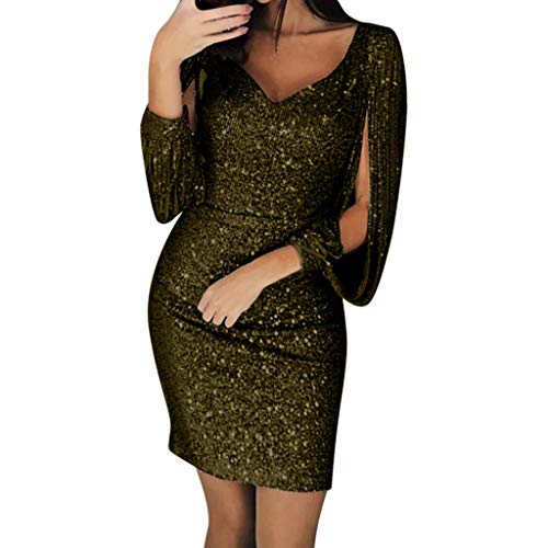 LILICAT Femme Robe Paillettes Femme Couleur Unie Robe de Soirée Manches Longues à Franges Robe Cocktail Col Rond Robe Moulante Sexy Slim Shining Club Chic Robe Col V Vintage Dress (Armée Verte, M)