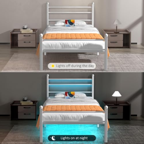 Image of J.Fkne Twin Bed Frame with LED Lights & Charging Station, Metal Platform Bed with Headboard, Heavy Duty Metal Slats, No Box Spring Needed, Noise Free, Easy Assembly, White