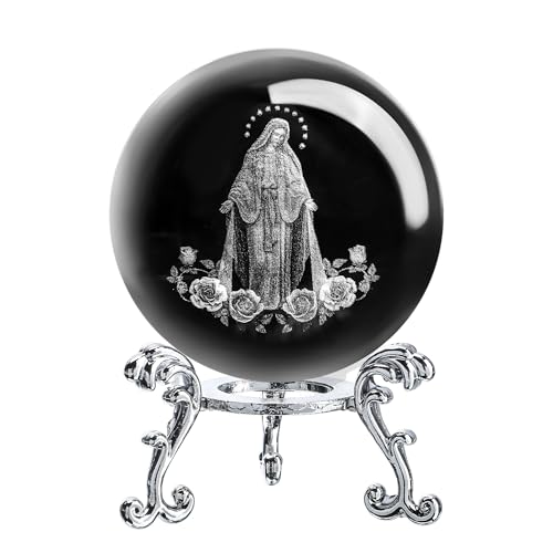 ZEERSHEE 3D The Blessed Virgin Mary Crystal Ball Laser Etched Our Lady of Guadalupe Glass Sphere Statue Mother Mary Christian Catholic Religious Easter Gifts