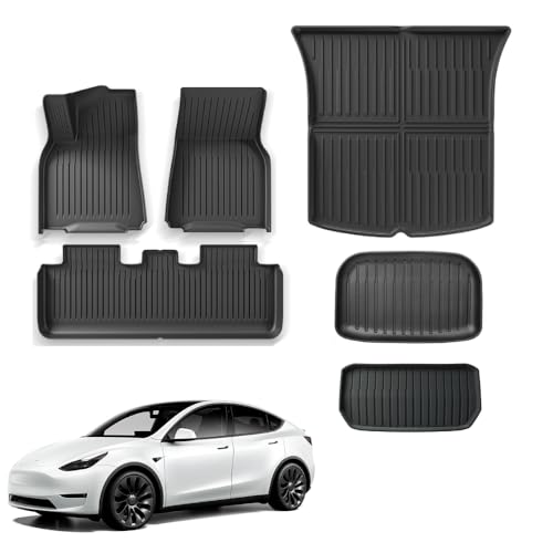FemboMAX Floor Mats for Tesla Model Y 2024 2023 2022 2021 TPE All Weather Protection Floor Mats Set (6 Pieces) Custom Fit Cargo Liner Cargo Trunk Accessories Heavy Duty Accessories Black