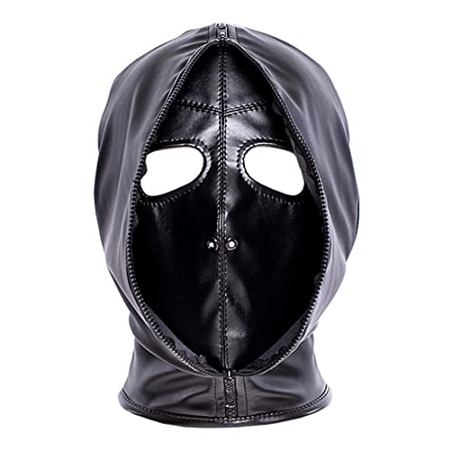Generic Turn Heads, Capture Hearts: Intricate Lace-up Soft PU Leather Cosplay Head Masks - All-Inclusive Head Hood with Covering Face Zipper Opening and Eyes Hole, Black