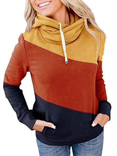 Women's Cowl Neck Hoodie Thermal Hooded Sweatshirts Loose Fit Fall Tops with Pockets (Z-Navy, Small)