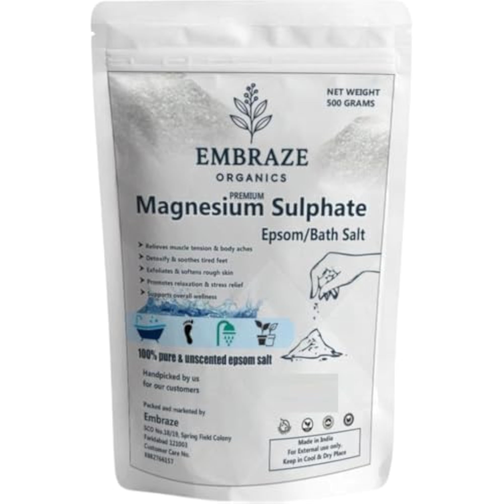 Epsom Bath Salt Crystals for Muscle Pain Relief, 500g