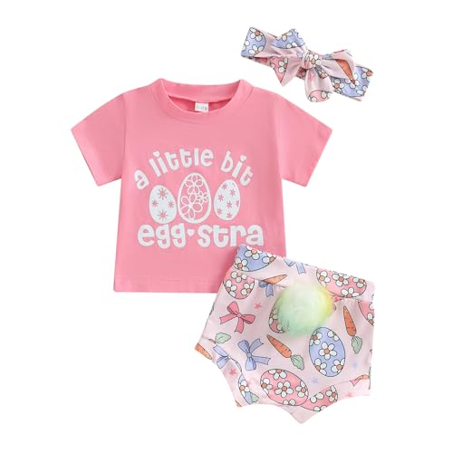 Hekkomird Baby Girl Easter Outfits Cute Letter Short Sleeve T-Shirt Top Bunny Shorts Bow Headband Infant Summer Clothes (Pink, 18-24 Months)