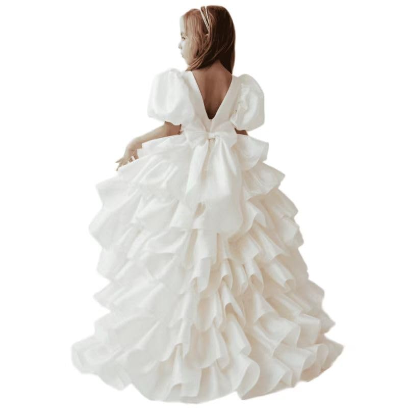 Custom Flower Girl Dresses Tiered with Bow and Tailing Short Sleeve for Wedding Birthday Party Holy Communion Gowns