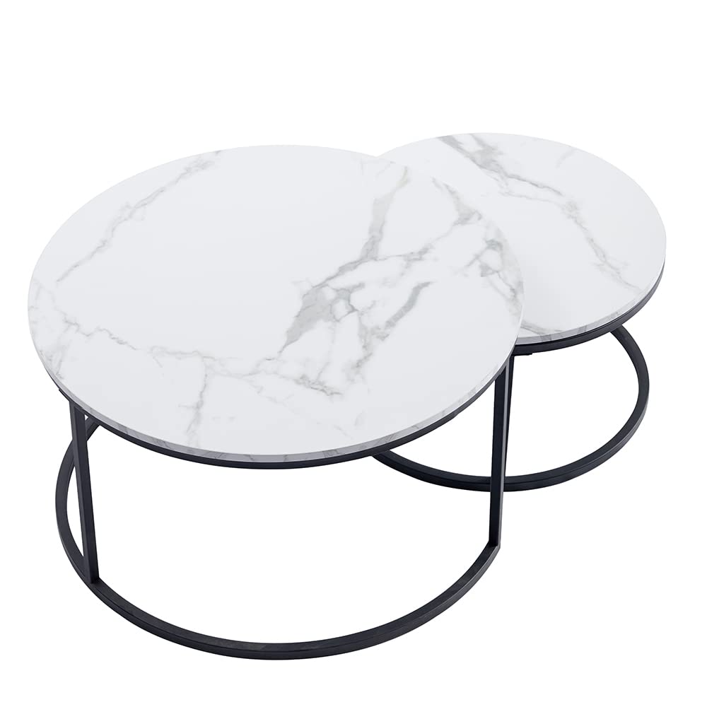 GrandCA HOME 2er Set Runder Couchtisch Beistelltisch (Marmorimitat) für das Wohnzimmer, Große Größe: 80x80x45cm; Kleine Größe: 60 x 60 x 35 cm,Schwarz