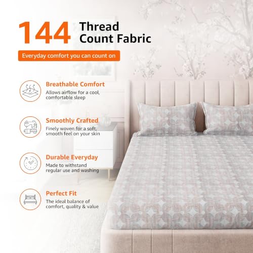 Image of Amazon Basics - 100% Cotton Fitted Bedsheet | 144TC |Fitted King Bed Sheet with 2 Pillow Cover|Soft Cotton | Geometric Print | 78 Inch x 72 Inch - 8 Inch Drop, Brown