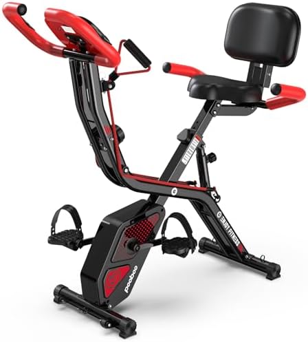 pooboo Folding Exercise Bike, Fitness Stationary Bike Machine, Upright Indoor Cycling Bike, 4-in-1 Magnetic X-Bike with 8-Level Adjustable Resistance, Bottle Holder, Arm Resistance Bands, Pulse Sensor & Back Support Cushion for Home Gym Workout (red) 1