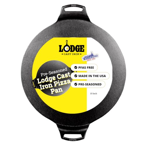 Lodge Seasoned Cast Iron Pizza Pan 15 Inch - Pre-Seasoned Round Pizza Pan with Dual Assist Handles - Even Heat Distribution- PFAS-Free Non-Toxic Cookware - Oven Safe