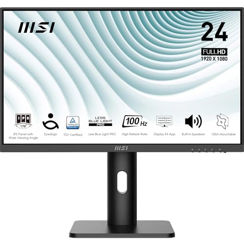 MSI Pro MP243XP Monitor de Oficina Full HD de 23,8'', Panel IPS 1920 x 1080, 100 Hz, Pantalla Agradable a la Vista, Montaje VESA, Altavoces Integrados, Soporte Kit de Pantalla, HDMI 1.4, DP 1.2a