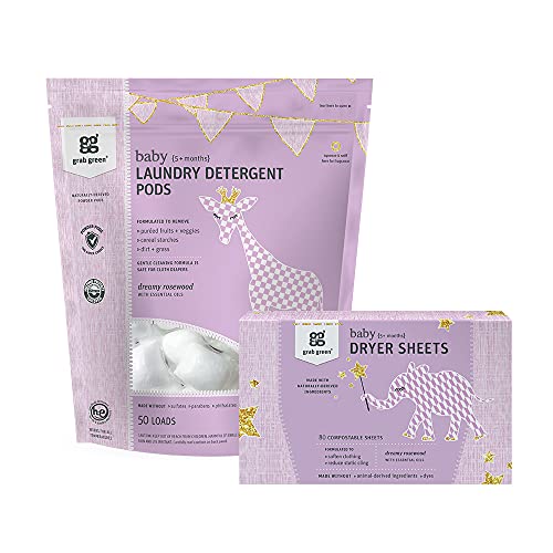 Grab Green Baby Laundry Detergent Pods and Dryer Sheets Bundle, 50 Count Pods and 80 Dryer Sheets, Dreamy Rosewood Scent, Plant and Mineral Based Laundry Care Set