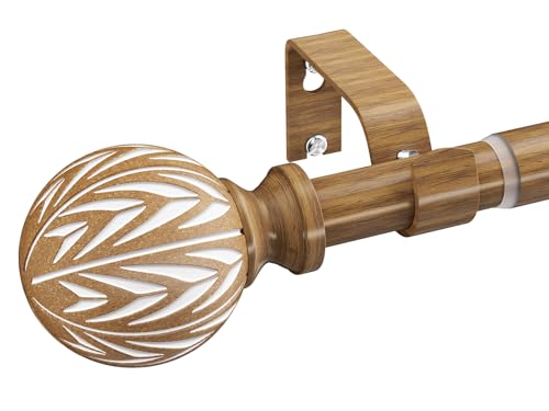 KVEEO Wood Curtain Rod Adjustable, 18 to 45 Inch Boho Curtain Rods for Windows Heavy Duty Decorative Drapery Rods with Wood Grain Finial for Living Room Bedroom Kitchen Farmhouse