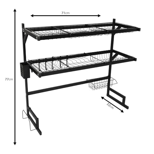 Image of Epicasa Premium Over Sink Dish Drying Rack, 2 Tier Stainless Steel Dish Organizer with Cutlery Basket & Hooks, Multi Storage & Space Saving Kitchen Organizer, 65 cm | Black