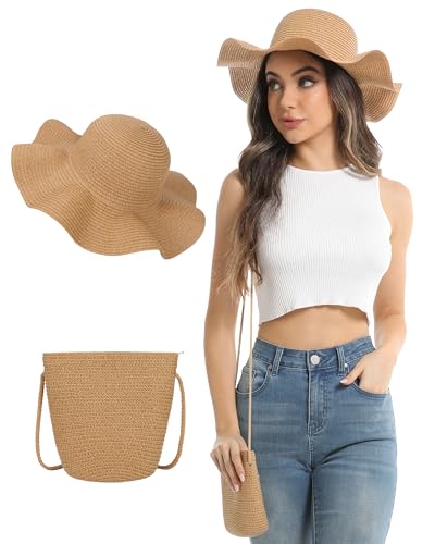 Sombrero de paja con ala ondulada y bolso pequeño de paja miniatura 1
