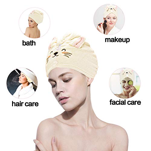3 Pack Microfiber Hair Towel Wrap- Super Absorbent Hair Drying Turban With 2 Buttons Anti Frizz Hair Drying Towel Quick Drying Twist Hair Towel For Woman Girl Drying Curly Long & Thick Hair (Kitty) #TOP4
